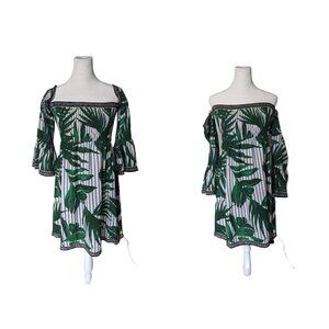 Flying Tomato Off The Shoulder Vacation Leaf Print Shift Babydoll Dress